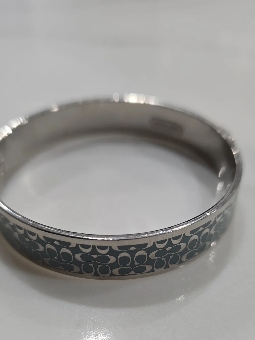 Coach Silver-Tone Signature C Bangle with Teal Accent